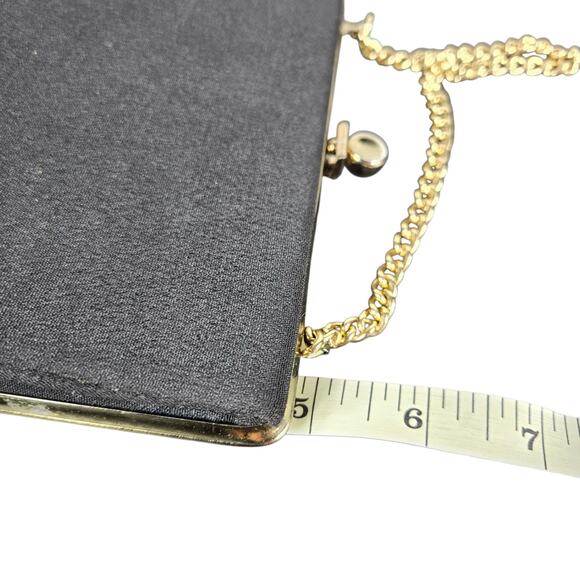 Vintage Evening Bag Clutch Purse Black Satin Gold Chain Kiss Lock Small Formal - Picture 11 of 12